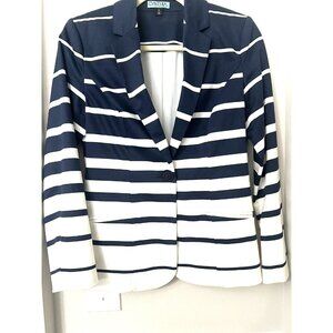 Cynthia Rowley Women's Blazer 2 Navy White Stripe Button Jacket Cotton Spandex